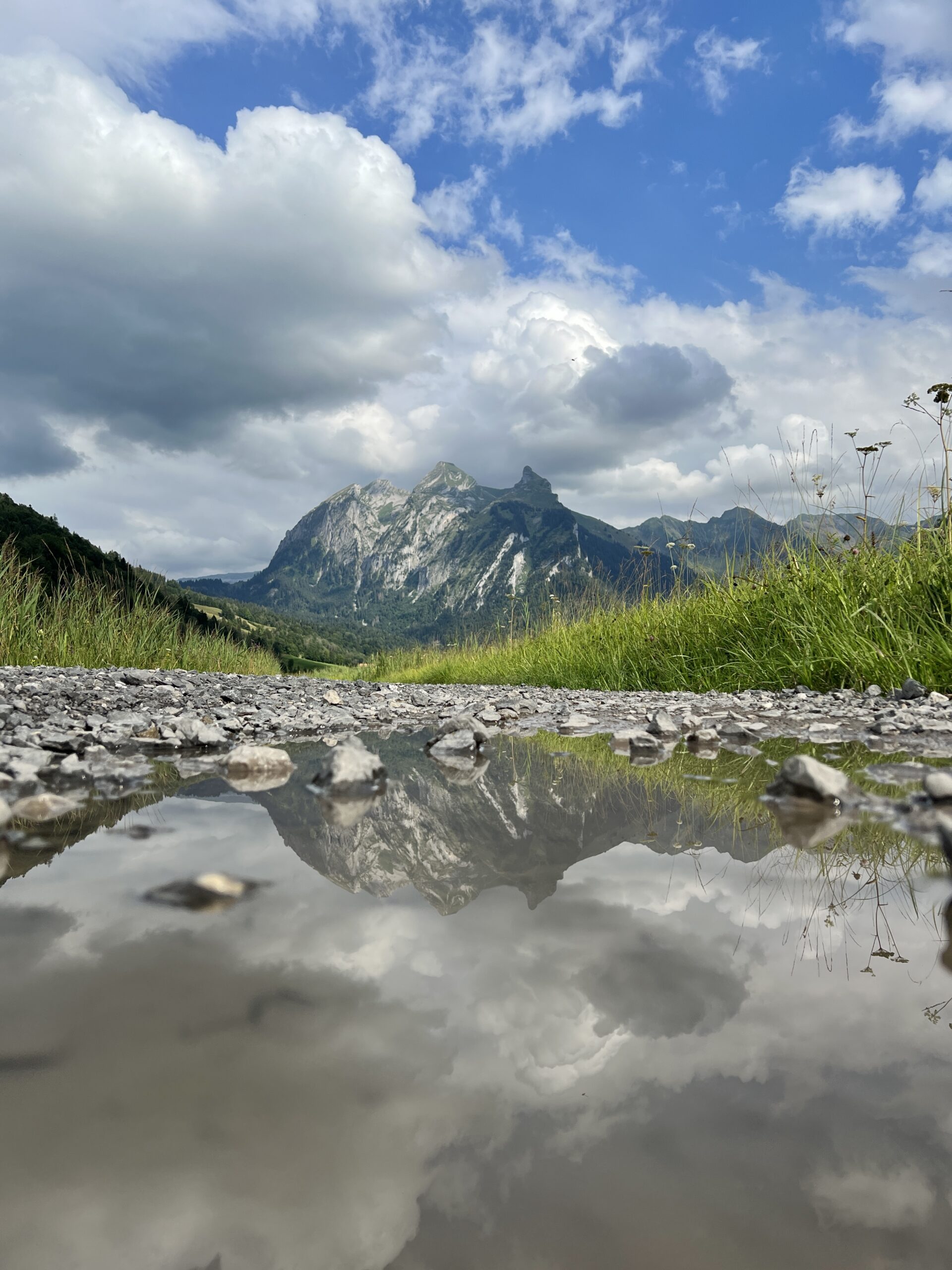 Gespiegelter Berg in einer Pfütze